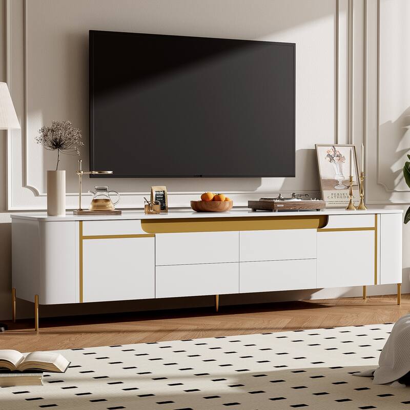Roomfitters TV Stand for up to 80 Inch TV, Modern Cabinet with 4 Drawers, Spacious Storage and Metal Legs - White