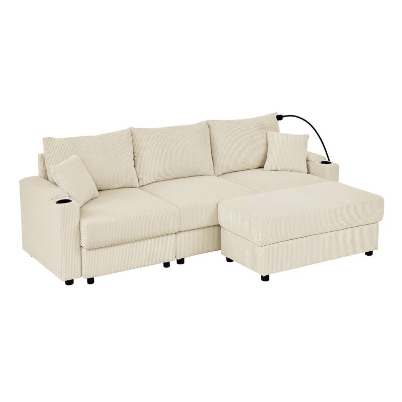 L-shaped Sectional Sofa Corduroy Deep Seat Couch with Ottoman Chaise Lounge, Storage Armrests, Cup Holders and Phone Stand