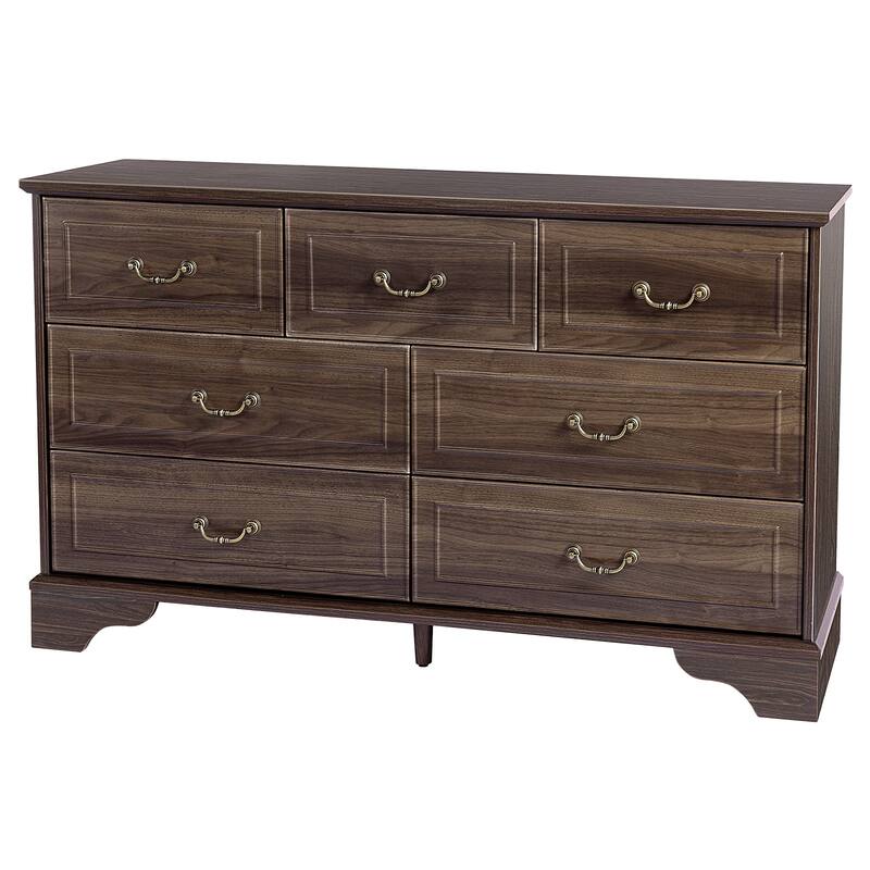 7-Drawer Double Dresser Brown P2 MDF Wood, Spacious Storage for Bedroom, Living Room, or Entryway