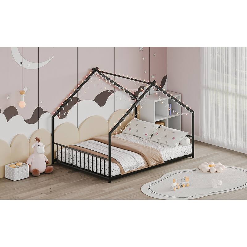 Full size children's bed frame with LED light strips, Roof-shaped iron frame bed
