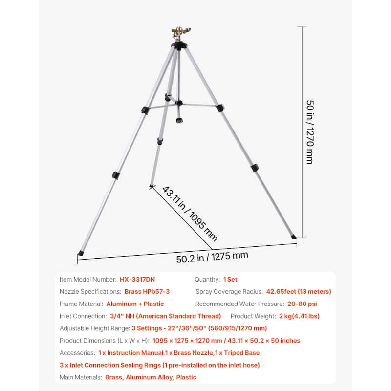 Gray Heavy Duty Tripod Sprinkler with Brass Head and 360 Degree Large Area Coverage Adjustable Height Impact Sprinkler for Yard