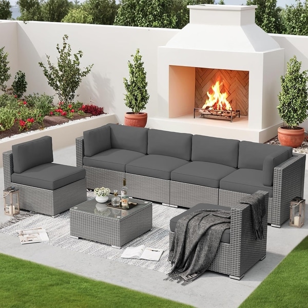 Suncrown outdoor patio furniture wicker sofa sectional sets with cushions glass coffee table discount