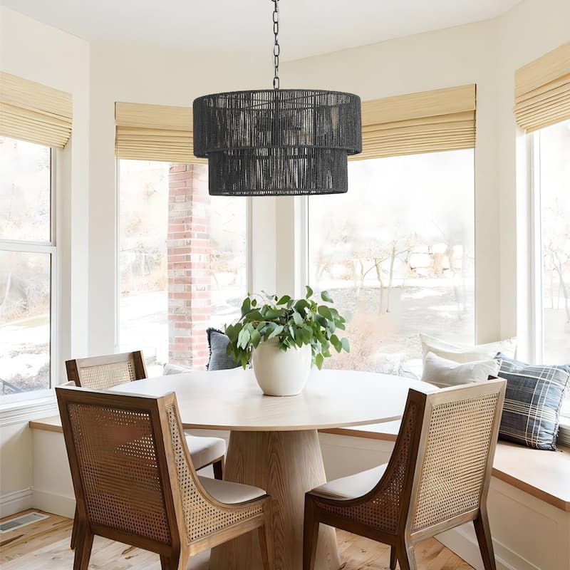 Starsky 5-Light 21in. Rattan Boho Tiered Drum Hand Woven Chandelier with Natural Rope Paper Shade