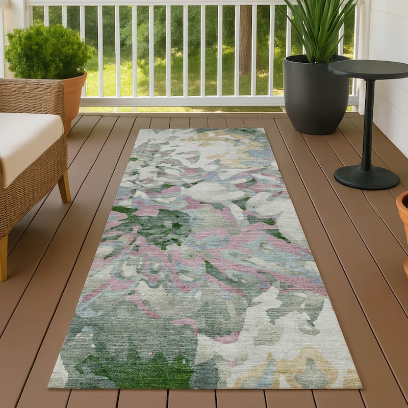 Machine Washable Indoor/ Outdoor Abstract Floral Chantille Rug - Sage - 2'3" x 7'6"