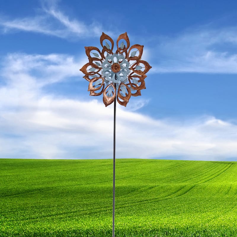 Blue and Copper Antique Flower Wind Spinner Stake
