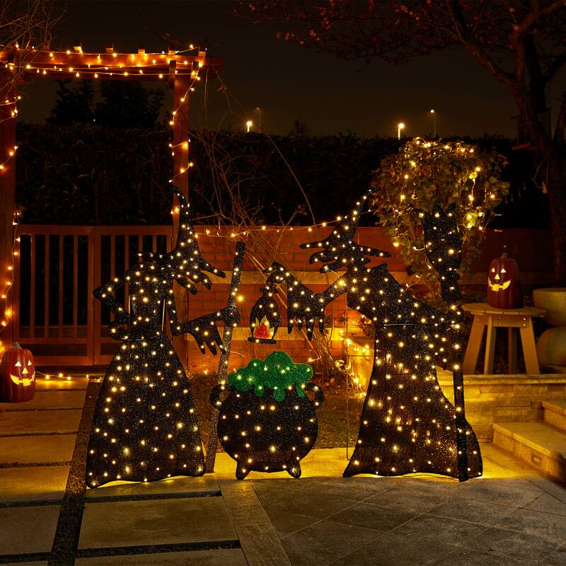 Glitzhome 5ft Set of 3 Pre-lit Halloween 3D Witches with Cauldron Outdoor Decor with 340 Warm White LED Lights