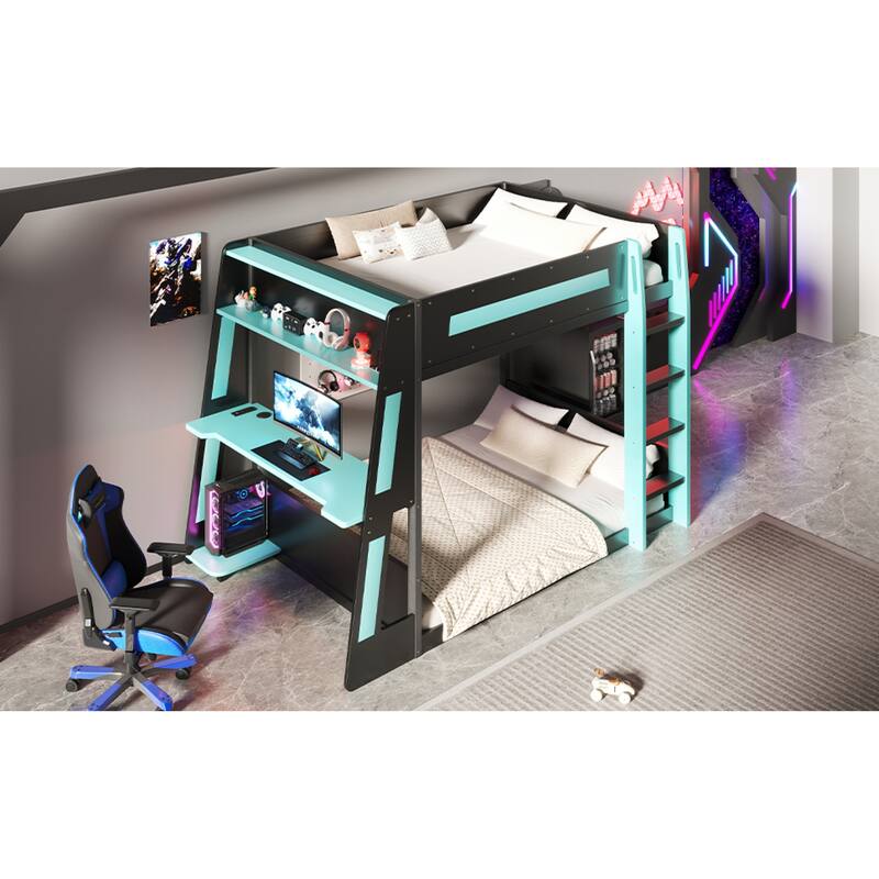 Roomfitters Twin/Full Over Twin Wooden Gaming Bunk Bed with Desk and LED Lights