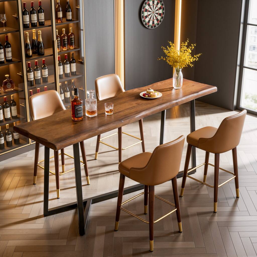 Solid Wood Industrial Bar Table, 63-Inch Counter Height Pub Table with Sturdy Metal Frame - Brown