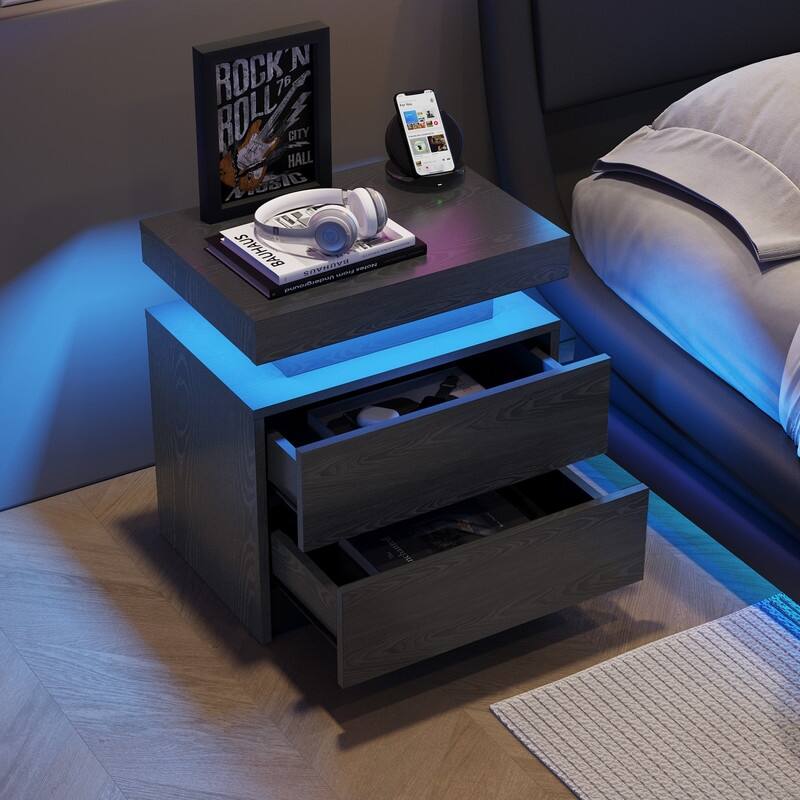 Nightstand LED Bedside Table Cabinet Lights Modern End Side with 2 Drawers for Bedroom - Black Woodgrain