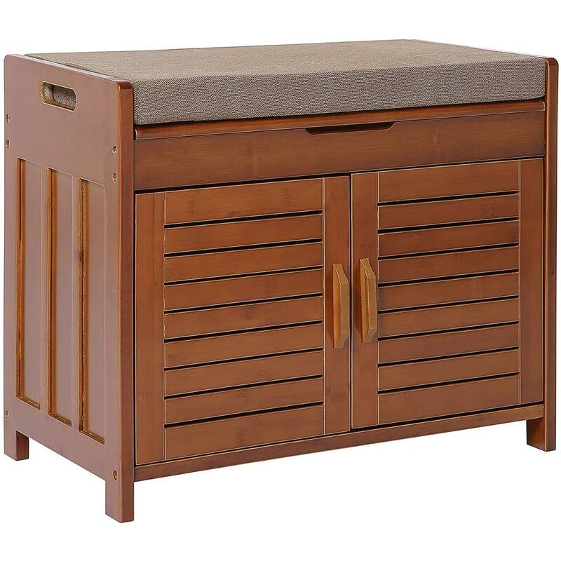 Shoe Storage Bench, Bamboo Shoe Rack with Door Storage Space and Soft Cushion - 23.6(L) x 12.8(W) x 19.7(H)