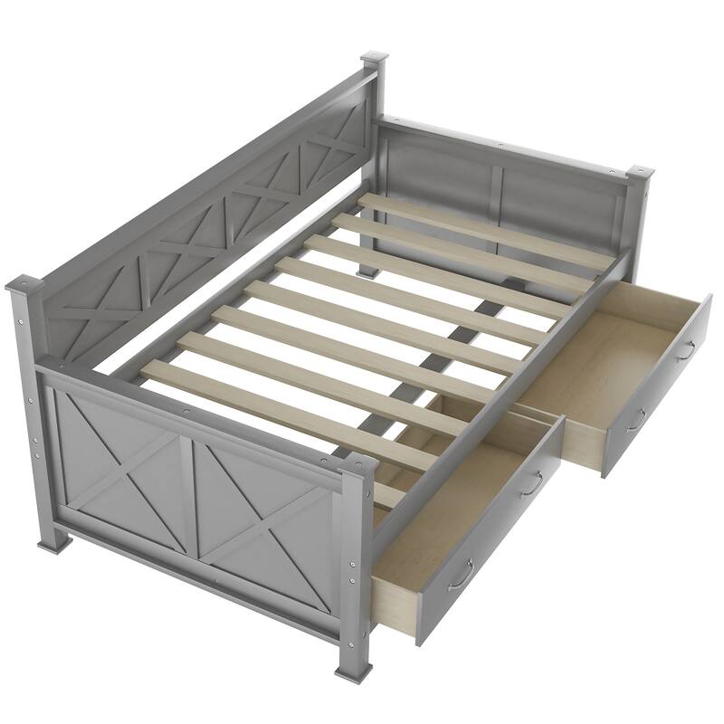 Twin Size Daybed with X-shaped Pattern & 2 Storage Drawers