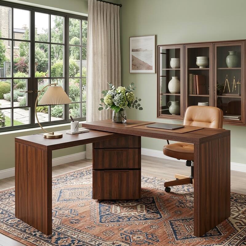 Merax 360 Modern L-Shape Rotating Desk with 3 Drawers and Space-Saving Convertible Workstation - Walnut