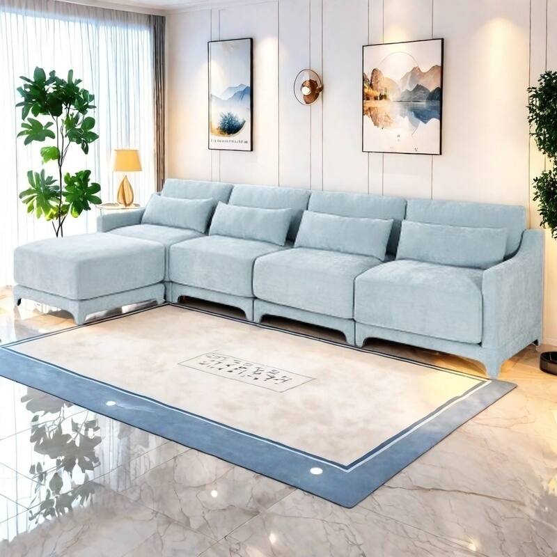 Modern Chenille 4-Seater Sofa with 2 Ottoman, Lumbar Cushions, Ergonomic Backrest, High-Resilience Spongeand Tufted Armrests - 4 Seater with Ottoman Blue