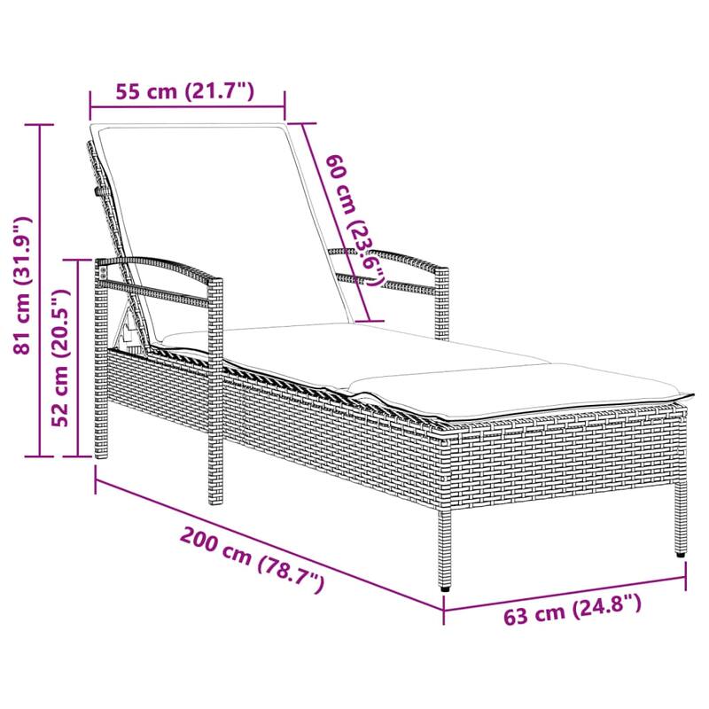 vidaXL Sun Lounger Grey Poly Rattan, Powder-Coated Steel And over - 79.0 x 24.8 x 31.9 in