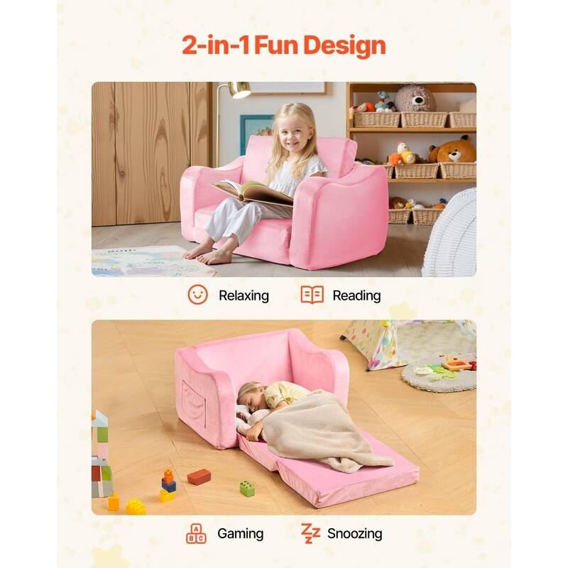 2 in 1 Soft Plush Fabric Convertible Toddler Couch Nap Bed with Armrest for Kids 18 Months-6 Years - 23.6 x 17.5 x 15.9 in
