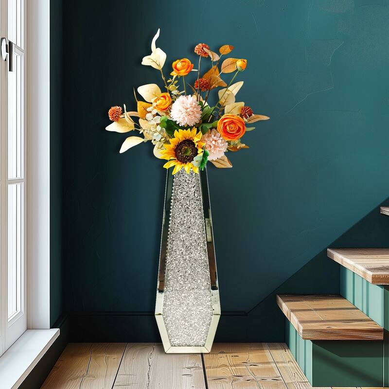 Glam Tall Crushed Diamond Floor Vase Crystal Silver for Home Decor