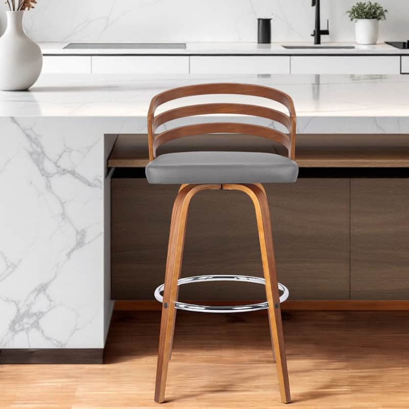 Grey Fabric Swivel Counter Height Bar Chair with Brown Iron Frame and Footrest