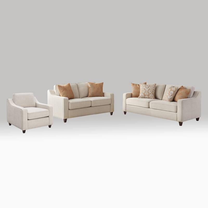 Fabric Upholstered Sofa Set with Cushion Back and Wood Legs in Beige