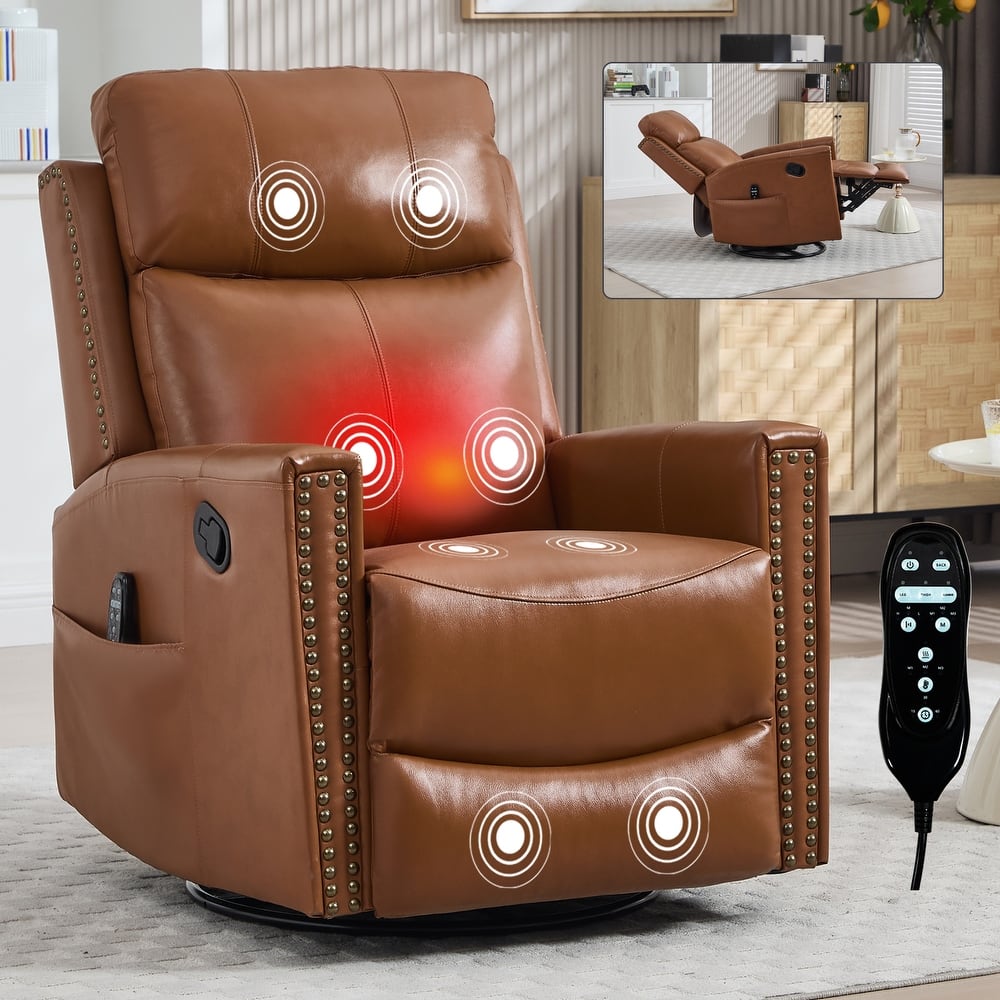 One Piece Genuine Leather Recliner Chair with Massage Heat Rocker and Swivel