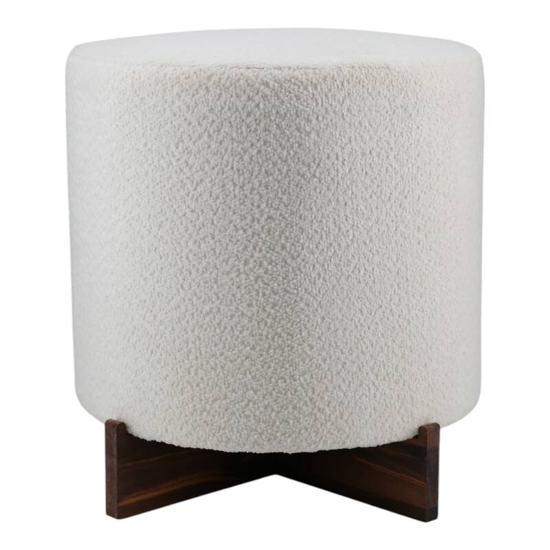 Velvet Round Ottoman Sherpa Finish and X-Base Wood Frame - 18" Ivory - 18" x 18" x 18" - Ivory