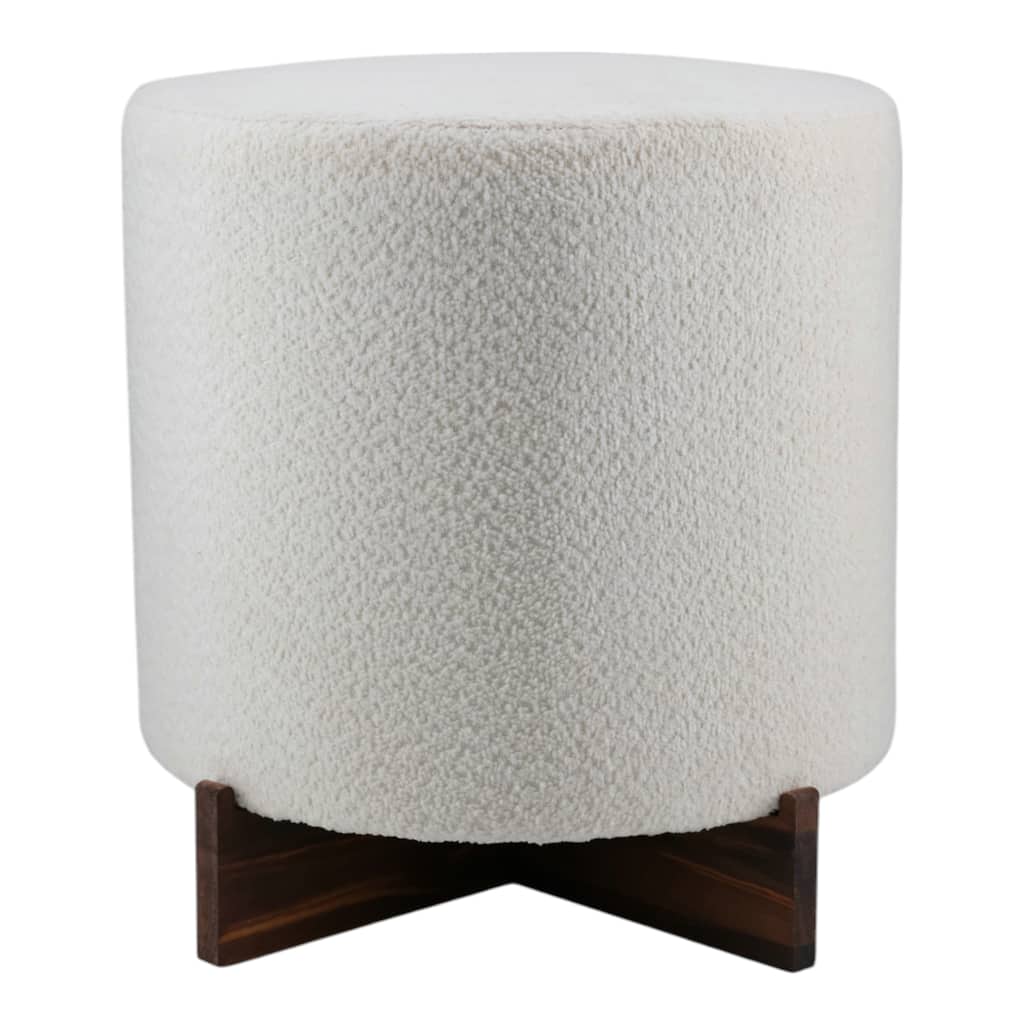 Velvet Round Ottoman Sherpa Finish and X-Base Wood Frame - 18" Ivory