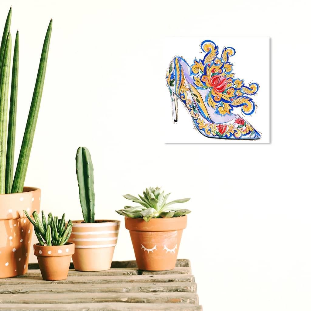 Wynwood Studio Canvas Fashion and Glam Adorned Shoe I Yellow and Dark Yellow Glam Wall Art Canvas Print