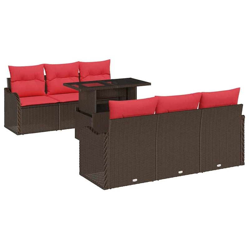 vidaXL 7 Garden Sofa Set with Cushions Black/Brown/Grey Poly Rattan - 69.3 x 24.4 x 27.2