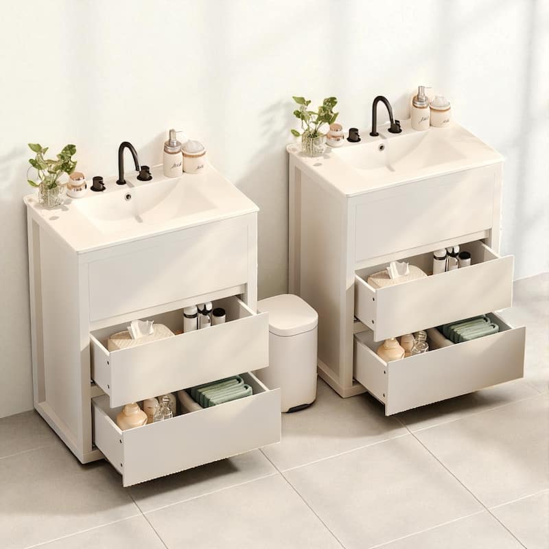60" Double Sink Bathroom Vanity Set with Two 30" Cabinets, Ceramic Sinks, Soft Close Drawers