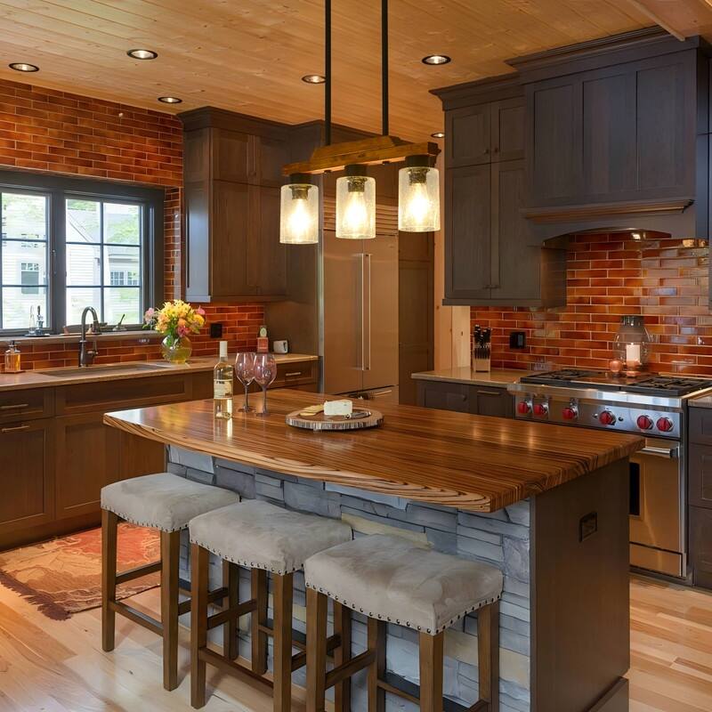 Farmhouse Chandelier for Dining Room Kitchen Island Rustic Wood Linear Pendant Light with Seed Glass Shade