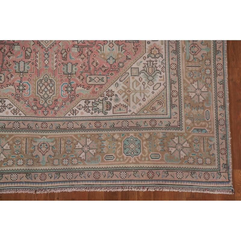 Hand Knotted Oriental 100% Wool Carpet Traditional Medallion Pink Tabriz Area Rug - 9' 4'' X 6' 5''