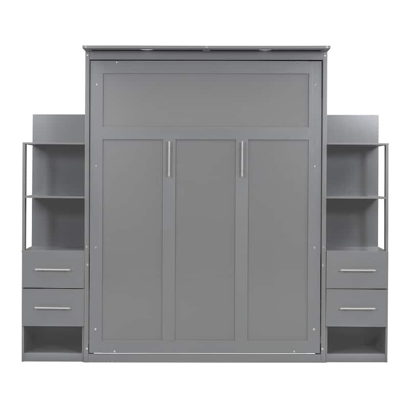Queen Size Murphy Bed Wall Bed with Shelves, Drawers and LED Lights