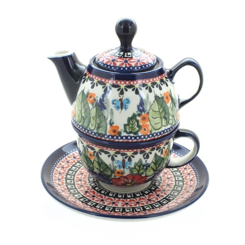 Blue Rose Polish Pottery 1148-775 Zaklady Individual Teapot & Cup - Floral Butterfly