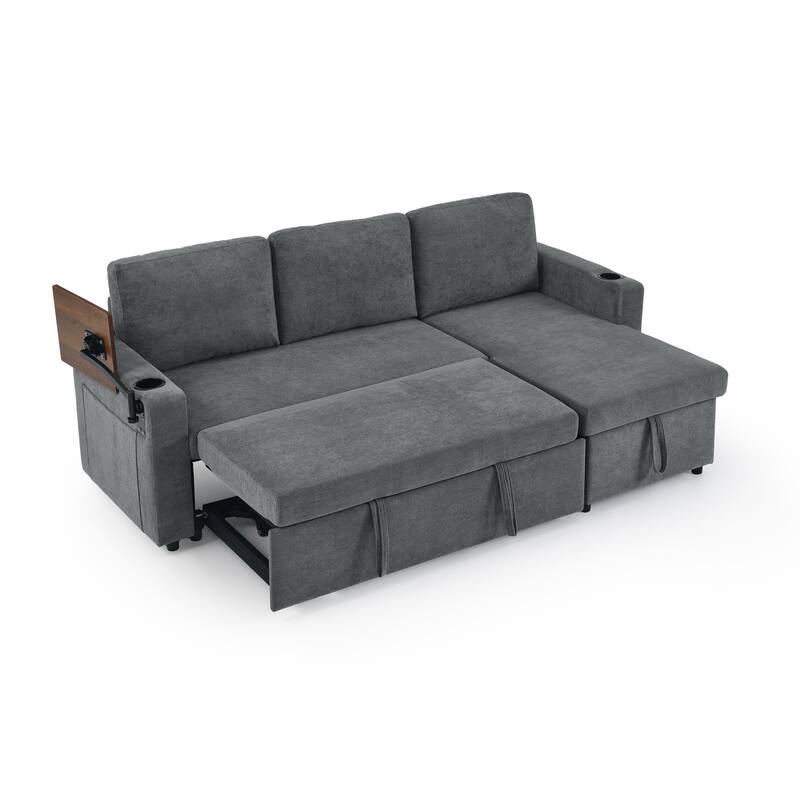 Pull Out Sleeper Sofa Bed Chenille L-shaped Sectional Couch with Storage Chaise, Retractable Table, LED, USB and Cup Holders