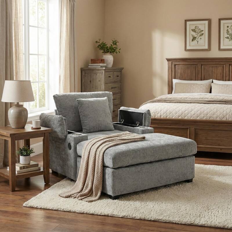 GDFStudio - Ethan Blake Oversized Chenille Chair Bed with Ottoman, Storage & USB Charging for Lounge & Apartment Living