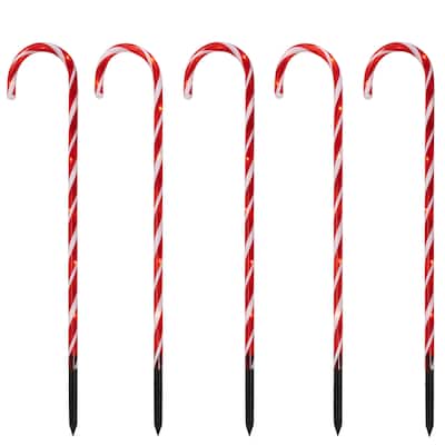 Set of 5 Red Lighted Candy Cane Christmas Lawn Stakes 28"