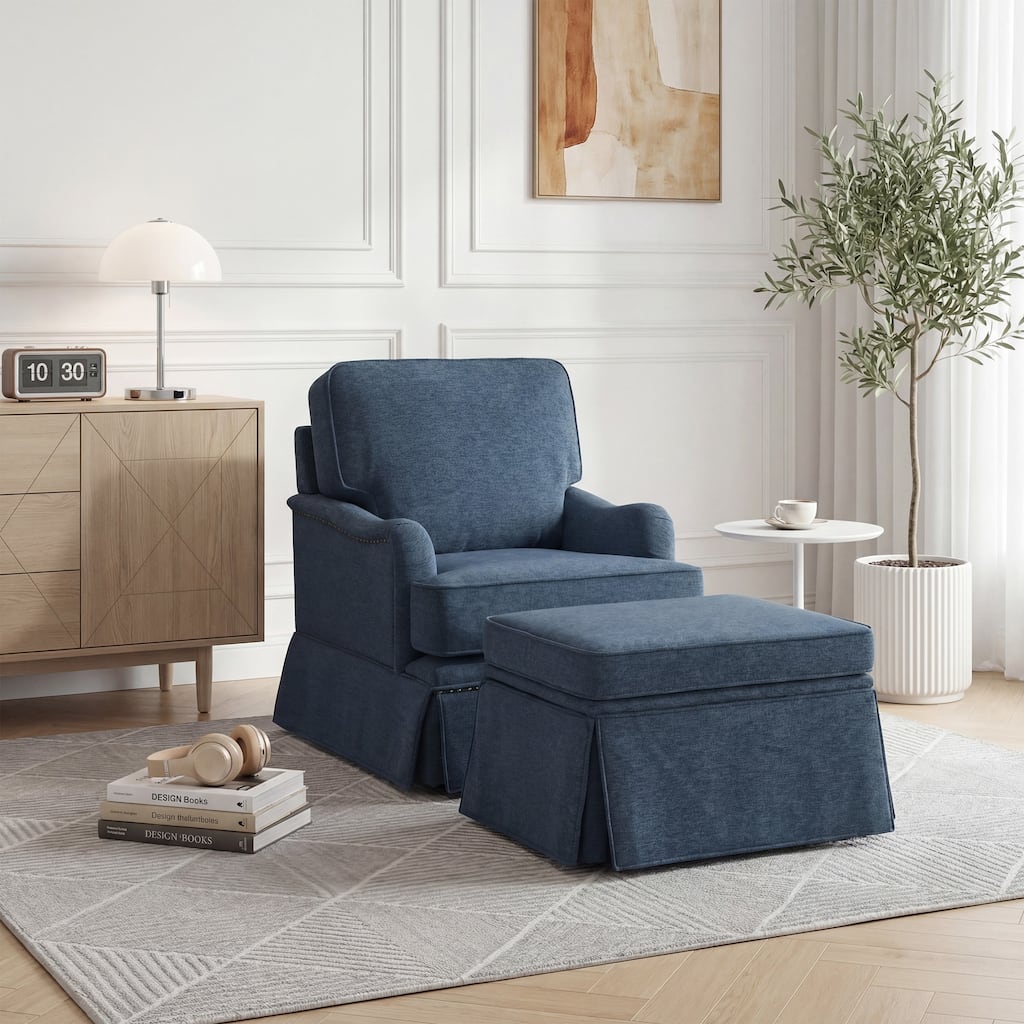 Modern Chenille Swivel Armchair and Storage Ottoman