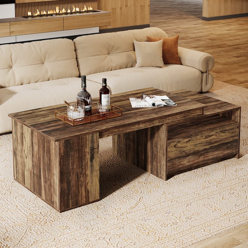 Farmhouse Wooden Extendable Center Coffee Table with Drawer Storage