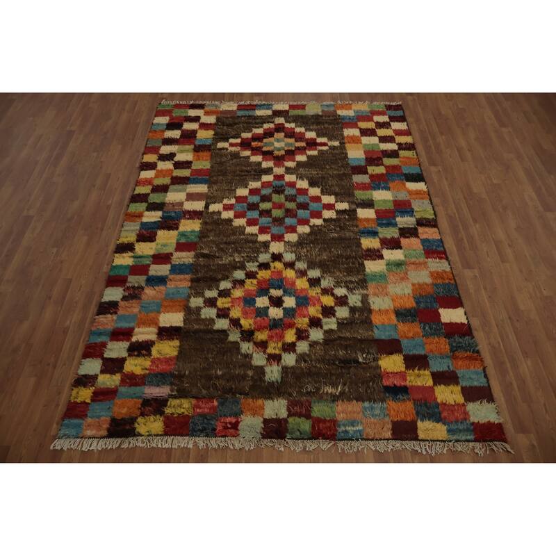 Hand Knotted Oriental 100% Wool Carpet Modern Geometric Brown Moroccan Area Rug - 9' 5'' X 6' 9''
