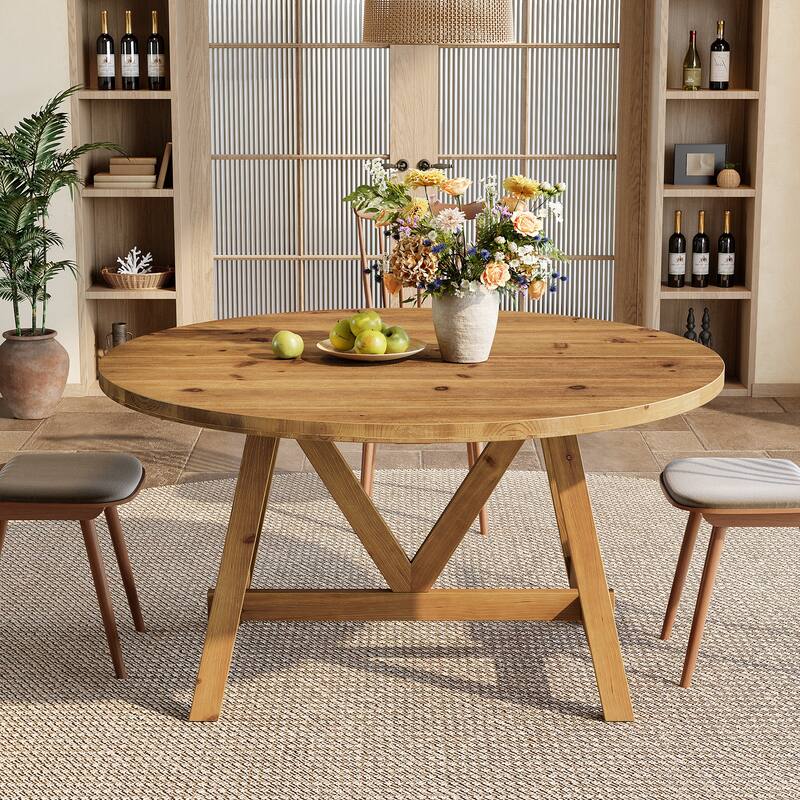 Solid Wood Dining Table, 63" Farmhouse Round Kitchen Table for Dining Room