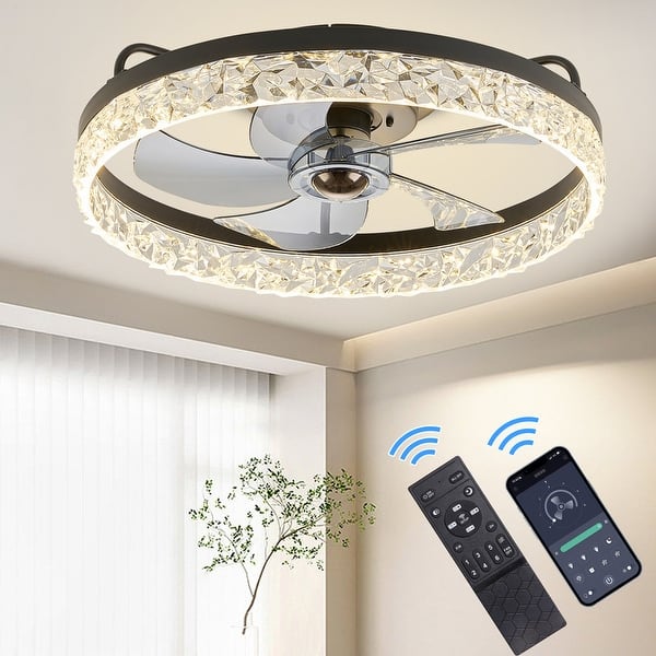 20 in. Indoor Flush Mount Ceiling Fan Light with Remote Dimmable LED Low Profile Black Modern
