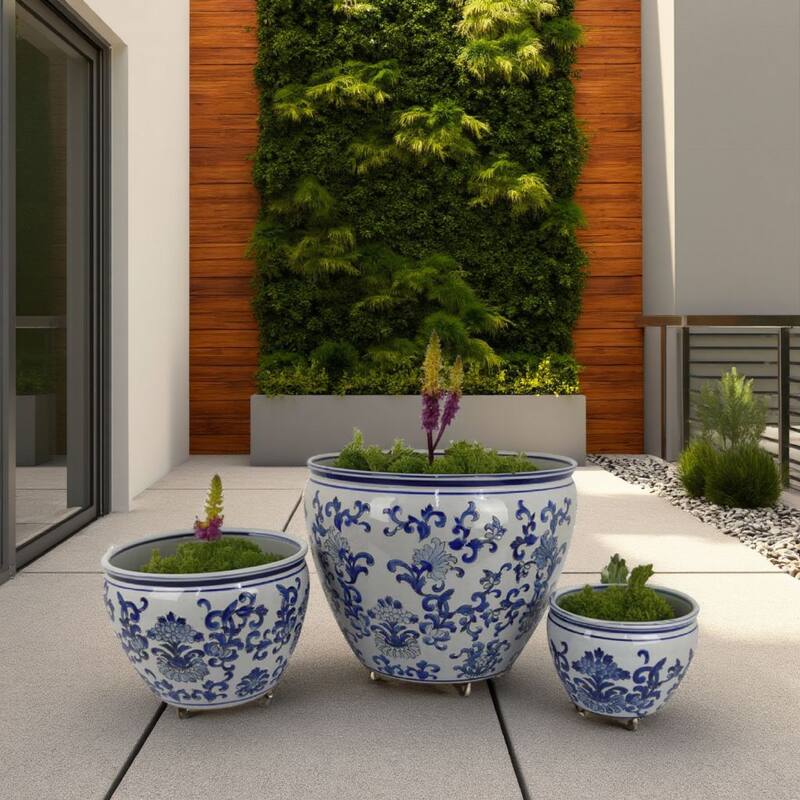 Hely 3 Planter Set, Blue Floral Vine Off White Ceramic 20, 14, 10 Inch