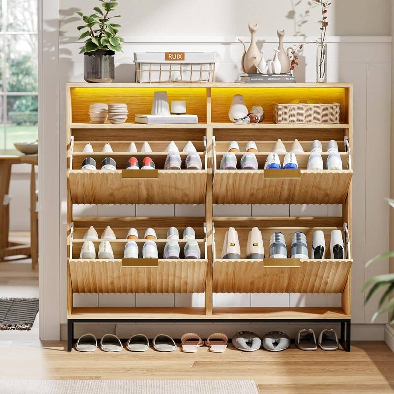 47.2 Inch Wide Slatted 4 Flip Drawers 1 Compartment Storage LED Light Shoe Cabinet