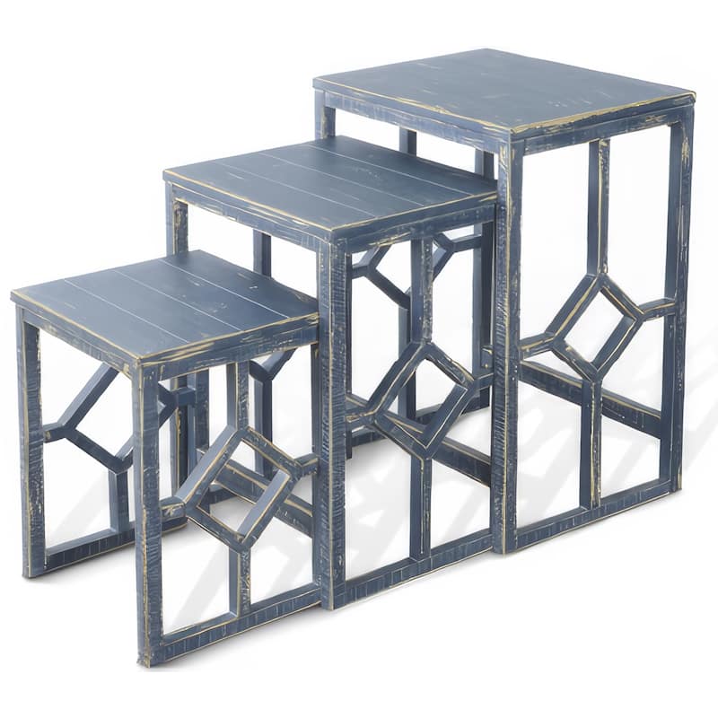 Rena 3 Piece Nesting Accent Table Set, Slatted, Rustic Blue Mahogany