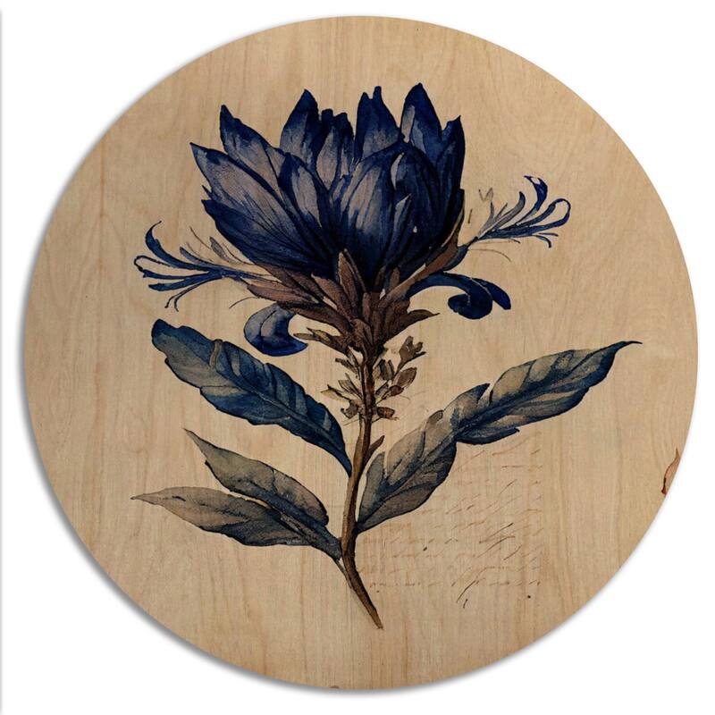 Designart "Blossoming Blue Retro Flower III" Floral Wood Wall Art - Natural Pine Wood
