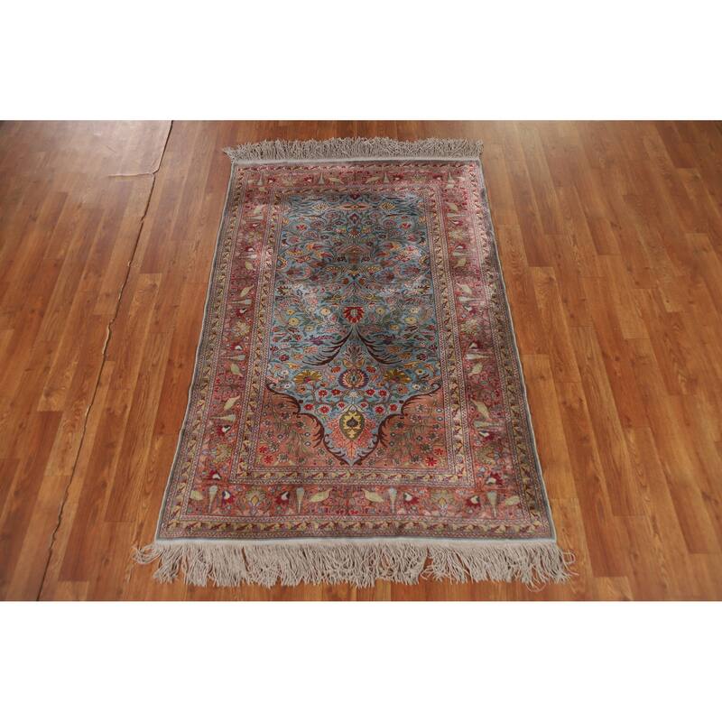 Hand Knotted Oriental Silk Carpet Traditional Floral Navy Blue & Blues Hereke Area Rug - 4' 10'' X 3' 3''