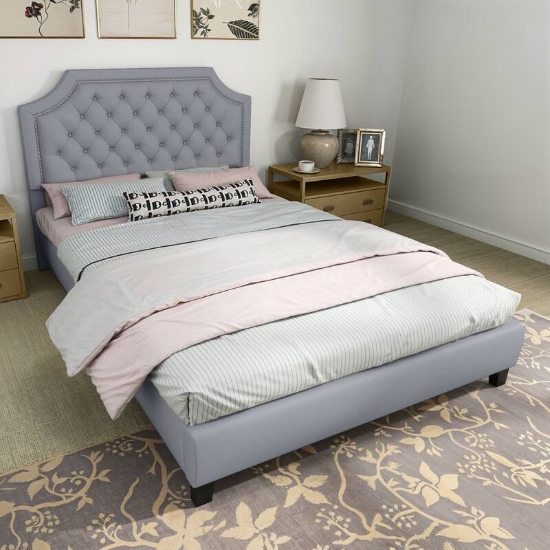 Moasis Linen Upholstered Platform Bed Velvet Bed Frame with Adjustable Headboard