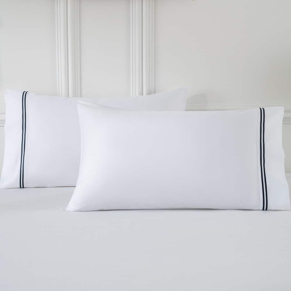 Luxury 400TC Cotton Pillowcases, Hotel-Style Embroidered 2 Pack, 20x30", Navy & Gray