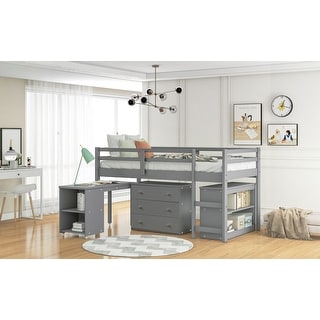 Classic Elegant Twin Loft Bed with Cabinet and Rolling Portable Desk ...