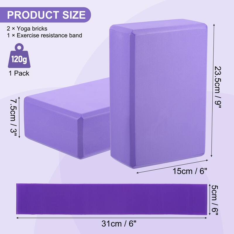 2Pcs Yoga Blocks and 1Pcs Resistance Band Set EVA - Purple