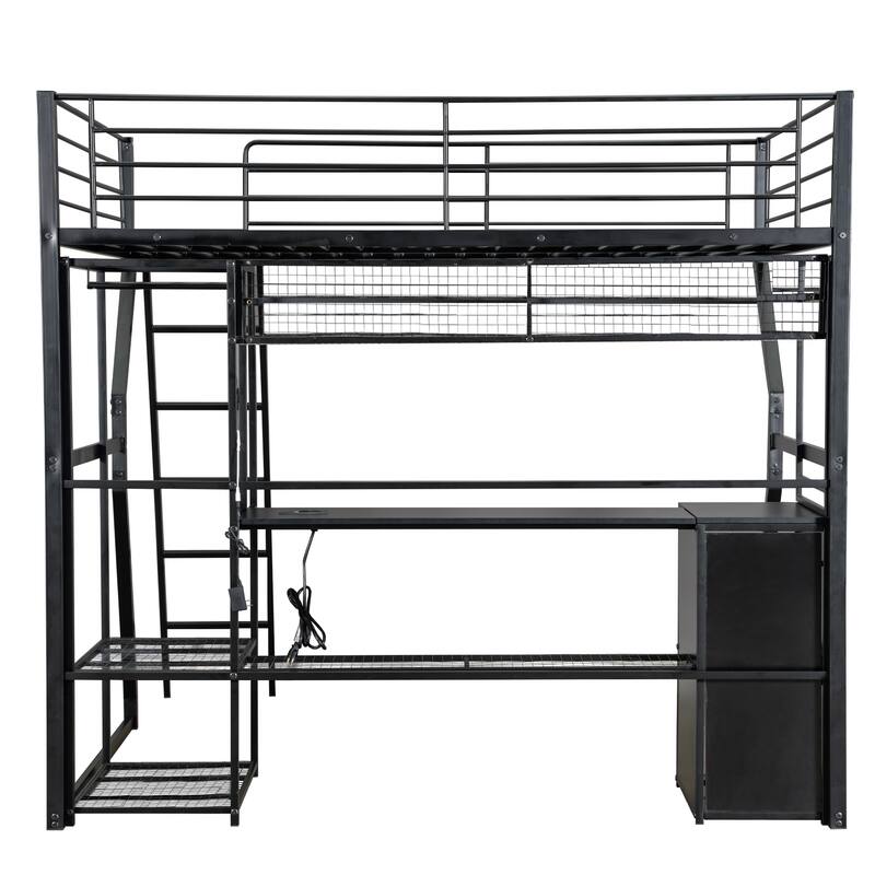 Full Size Black Metal Gaming Loft Bed w/ Open Wardrobe & Built-in Work Station, LED Storage Loft Bed Frame for Kids,Teens,Adults